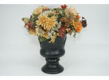 Lion Faced Black Clay Pot With Faux Flowers