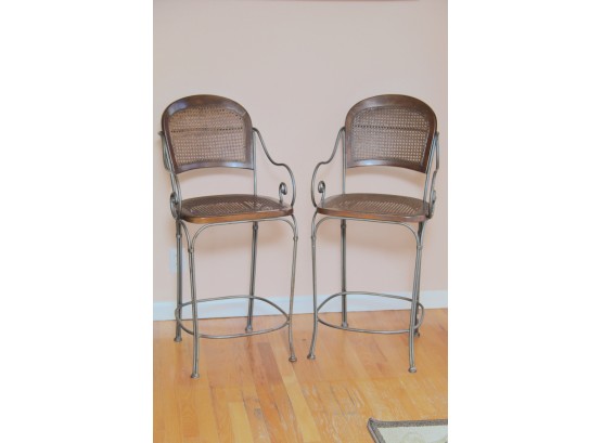 A Matching Pair Of Drexel Heritage  Cane And Metal Bar Stools