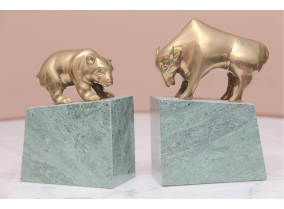 A Pair Of Marble Base Brass Bookends Bull And Bear