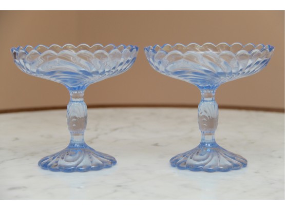A Pair Of Blue Mayflower Depression Glass Pedestal Dishes