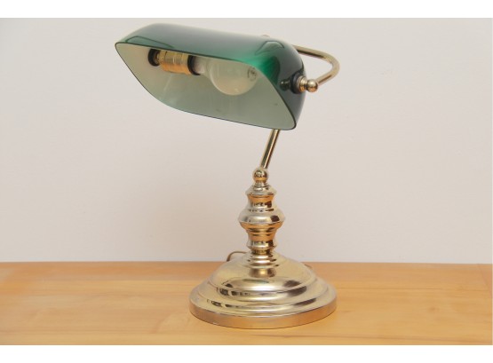 A Brass And Green Glass Shade Bankers Lamp