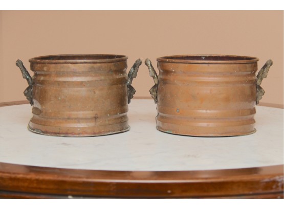 A Pair Of Vintage Lion Head Copper Pots