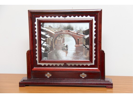 A Diminutive Asian Framed Art In Rosewood Stand
