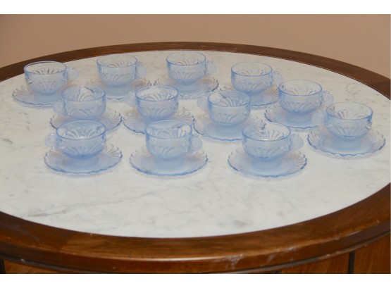 A Set Of 12 Blue Mayfair Depression Glass Tea Cups And Saucers