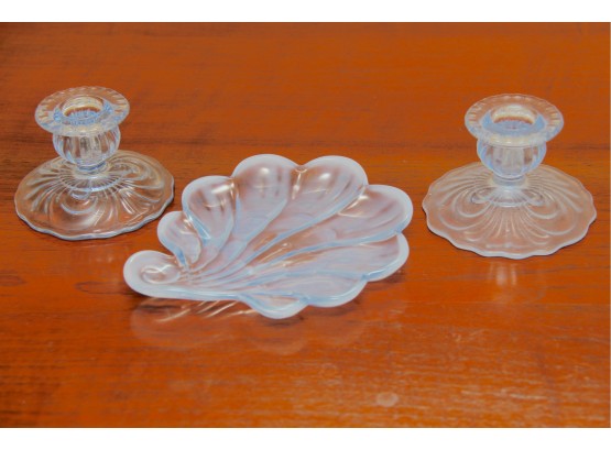 A Blue Mayfair Depression Glass Set Of Petite Candlesticks And Small Dish