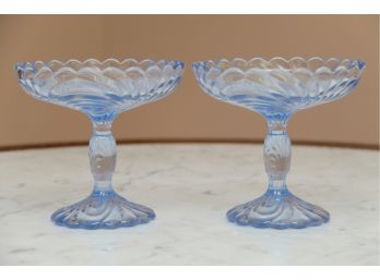 A Pair Of Blue Mayflower Depression Glass Pedestal Dishes