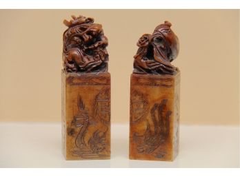 A Pair Of Asian Carved Marble Ink Stamps