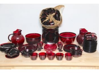 A Large Collection Of Ruby Red Anchor Hocking Dish Set-118 Pieces