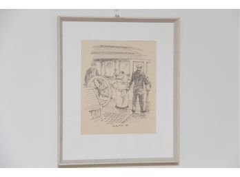 A Vintage Pencil Drawing Signed Willy Ride 54 Captain Of The Ship