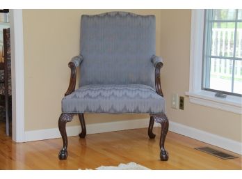 A Ball And Claw Foot Custom Upholstered Wingback Side Chair Covered In Blue Fabric