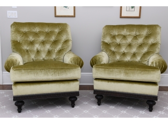 A Matching Pair Of Kravet Green Tufted Side Chairs