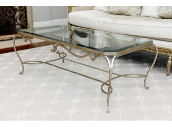 Hand Burnished Silver Metal Coffee Table With Beveled Glass Top