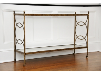 A Wrought Iron Console Table With Mirror Bottom Shelf