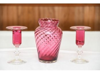 Cranberry Glass Vase & Candle Holders