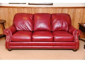 Hancock And Moore Red Leather Nail Head Trim Sofa