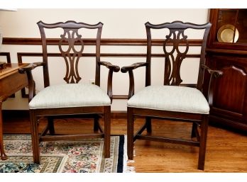 Pair Of Wood Upholstered Mahogany Toned Arm Chairs