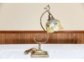 Brass Lamp With Swirled Carnival Glass Shade
