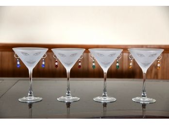 Group Of 4 Frosted Martini Glasses With Beaded Drop