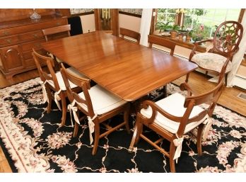 Thomasville Wooden Dining Room Table With Matching Rush Chairs, 3 Leaves, Tablepads