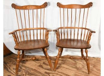 Pair Of Nichols & Stone Spindle High Back Oak Chairs