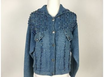 Vintage Artwork Blue Beaded Sweater Jacket