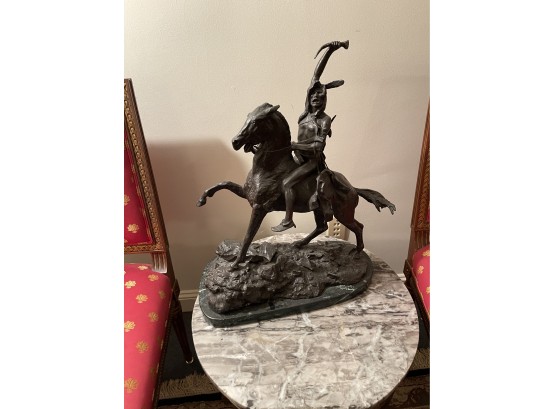 Frederic Remington Bronze Sculpture Of An Indian Man On Horse Back Mounted On Marble Base