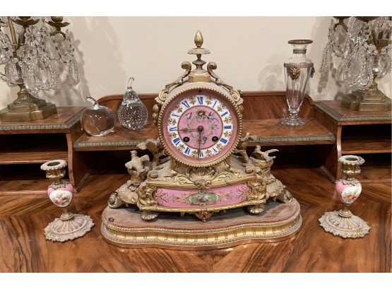 French Bronze Hand-painted Porcelain Clock Set With Candlesticks