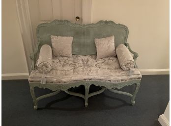 Painted Country French Settee Love Seat With Caned Back And Upholstered Seat