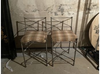 Pair Of Silvered Metal Iron Bar Kitchen Stools With Custom Upholstered Seats