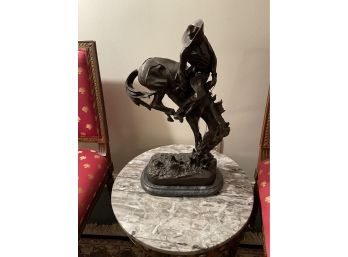 Frederic Remington Bronze Sculpture Of Cowboy On Bucking Horse Mounted On Marble Base