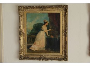 An Antique Oil On Canvas Lady And The Bird - Signed E. Giradet