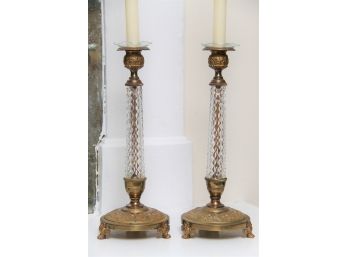 Pair Of Cut Crystal Candle Holders With Brass Base