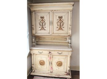 Vintage French Dining Room Hutch Server With Marble Top & Gold Painted Accents