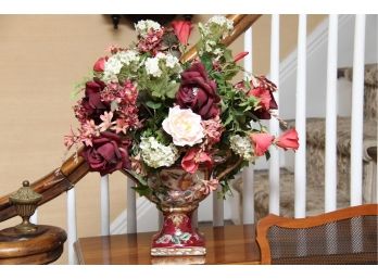 Faux Flower Arrangement With Hand Painted Dual Handle Urn
