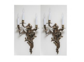 Pair Of Early 20th Century Louis XV Style Bronze Three Arm Sconces (Pair 2 Of 2)