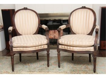 A Matching Pair Of Silk Covered Side Chairs With Fluted Legs