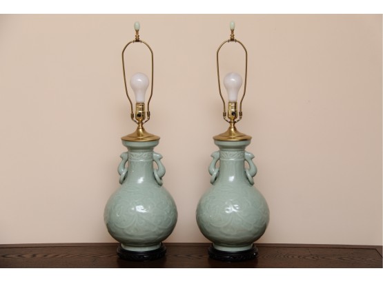 A Pair Of Gorgeous Dual Handled Ceramic Lamps In Light Green