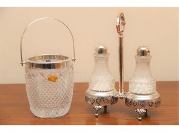 F.B Rogers Lead Crystal Bucket Including Cut Glass Salt And Pepper With Silver Plate Stand