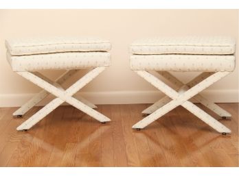 A Matching Pair Of Tufted Upholstered X Shaped Stools