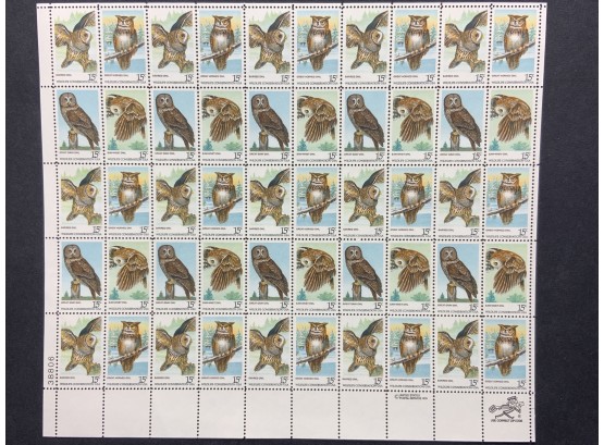 1978 Wild Life Conservation 15 Cent Owl Stamp Mint Sheet Of 50 Stamps