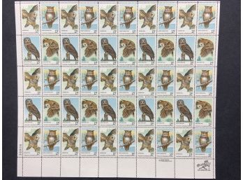 1978 Wild Life Conservation 15 Cent Owl Stamp Mint Sheet Of 50 Stamps
