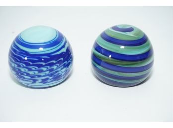 Pair Of Blue Swirl Glass Paper Weights Signed