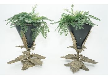Pair Of Ornate Metal Vases With Faux Plants