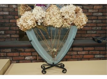 V Shaped Vase On Metal Stand With Faux Flowers