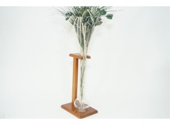 Glass Vase With Wood Stand Including Faux Flowers