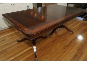 Banded Mahogany Dining Room Table With Double Base And 2 Leaves