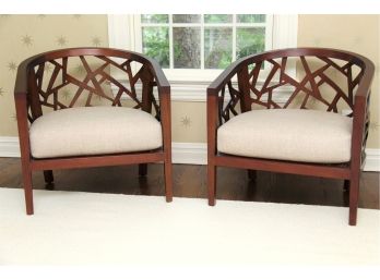 Pair Of Crate & Barrel Ankara Truffle Frame Arm Chairs With Fabric Cushion