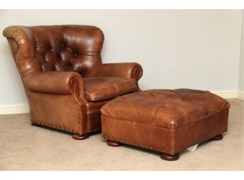 Ralph Lauren Button Tufted Brown Leather Arm Chair With Matching Ottoman