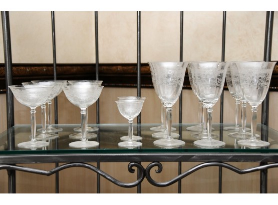 A Set Of Vintage Floral Etched Drinking Glasses