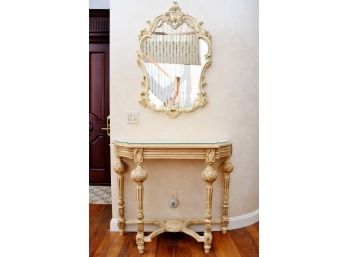 A Light Oak French Country Demilune Entry Table With Matching Mirror